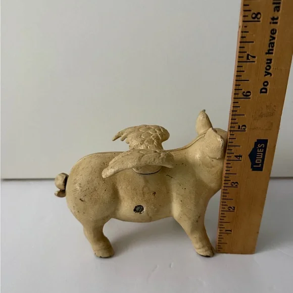 Vintage Piggy Bank Cast Iron Pig Wings Flying Rustic Farmhouse Coin Bank